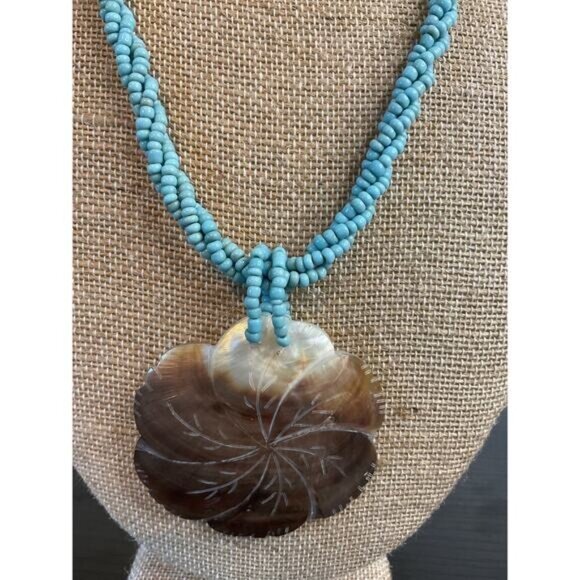 Handcrafted Turquoise Bead Necklace With Carved Shell Pendant - 18 Inch - Picture 2 of 6